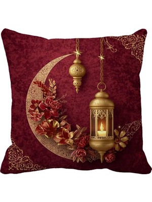 Queen Jera Ramazan Temalı Hilal ve Fener Desenli Dekoratif Kırlent Kılıfı - Çift Taraflı 43 x 43 cm