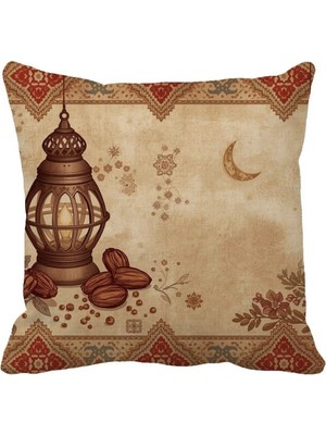 Queen Jera Otantik Ramazan Dekoru Eskitme Bej Zemin Fener , Hilal ve Hurma Desenli 43X43 cm Kırlent Kılıfı
