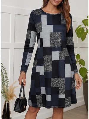 Stores36 Kadın Uzun Kollu Yuvarlak Yaka Geometrik Süprem Elbise
