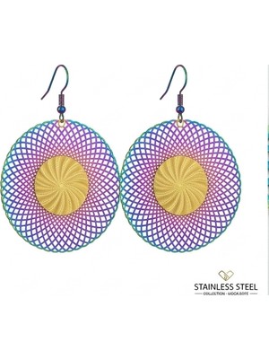 Fm Lazer Kesim Gökkuşağı Efektli Çelik Küpe - 316L Paslanmaz Çelik , Hipnotik Geometrik Desenli Holografik Çelik Küpe - Renkli Işıltı