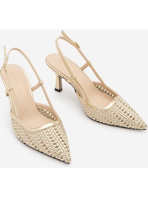 Marjin Kadın Stiletto Sivri Burun Arkası Açık El Örgüsü Klasik Topuklu Ayakkabı Reveno Altın