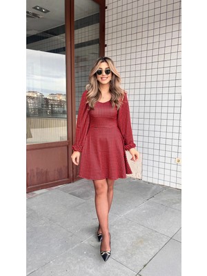 Stores36 Kadın Uzun Kollu Kare Kalp Yakalı Mini Modal Elbise
