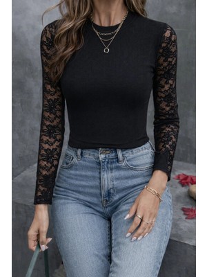 Stores36 Kadın Uzun Kollu Yarı Balıkçı Yaka Tüllü Kaşkorse Bluz