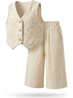 Serkon Kız Çocuk Krem Müslin %100 Pamuk Takım Dantel Işlemeli Yelek Pantolon Yazlık Bayramlık Şık 2’li Set