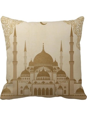 Queen Jera Ramazan Temalı Cami Desenli Dekoratif Kırlent Kılıfı - 43 x 43 cm Islami Salon Yastık Kılıfı