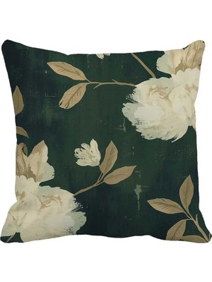 Queen Jera Vintage Çiçek Desenli Koyu Yeşil Dekoratif Kırlent Kılıfı - 43 x 43 cm Çift Taraf Baskılı