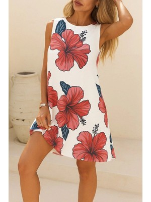Stores36 Kadın Sıfır Kol Sırttan Bağlamalı Fırfırlı Çiçek Desenli Süprem Elbise