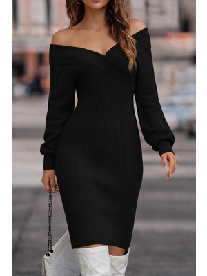 Stores36 Kadın Uzun Kollu Omuzlardan Açık Kruvaze Yaka Kısa Triko Elbise