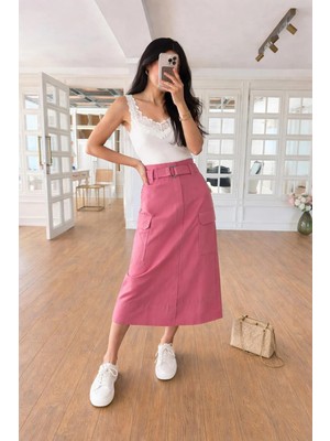 Lijuri Kendinden Kemerli Önü Yırtmaçlı Gabardin Etek 4092