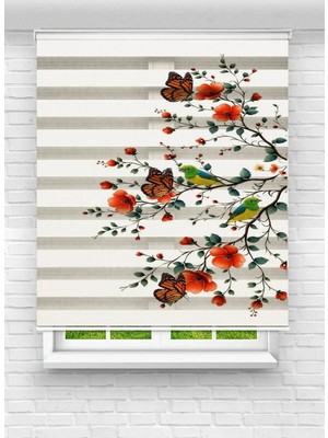 Enzo Home Baskılı Zebra Stor Perde – Kuş, Kelebek ve Çiçek Desenli Dekoratif Perde