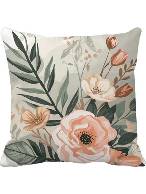 Queen Jera Modern Floral Dekoratif Kırlent Kılıfı - 43 x 43 cm - Çift Tarafı Baskılı Bej Yeşil Doğal Tonlar