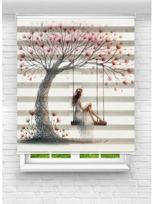 Enzo Home Baskılı Zebra Stor Perde – Salıncakta Kız ve Çiçek Ağacı Desenli Dekoratif Perde