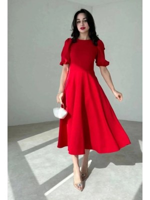 Stores36 Kadın Kısa Balon Kollu Bisiklet Yaka Geniş Kesim Janjan Krep Elbise