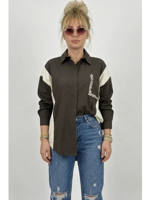 Taş Işlemeli Çizgi Detaylı Oversize Gömlek