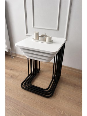 Metal Tekerlekli Mdf Beyaz Siyah Ayaklı  Beyaz Zigon Sehpa