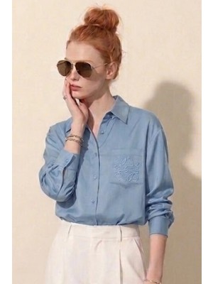 Cep Işlemeli Oversize Kadın Gömlek