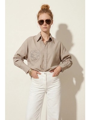 Cep Işlemeli Oversize Kadın Gömlek