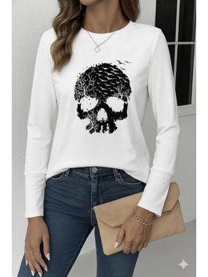 Stores36 Kadın Uzun Kollu Bisiklet Yaka Kurukafa Desenli Viskon Bluz