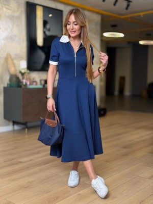 Stores36 Kadın Kısa Kollu Ribana ve Fermuar Detay Midi Boy Elbise