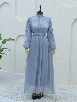 Modamorfo Omuzdan Büzgülü Işıltı Kumaş Balon Kol Elbise -Gri