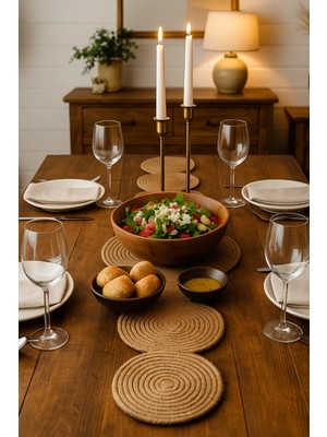 Comfort Craft Çoklu Daire Tasarım Hasır Runner 33X100 cm - Yıkanabilir Jüt Görünümlü Oval Örme Runner