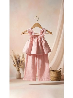 Serkon Kız Çocuk Pembe Müslin Takım Çiçek Detaylı Askılı Bluz Pantolon Yazlık Şık 2’li Set