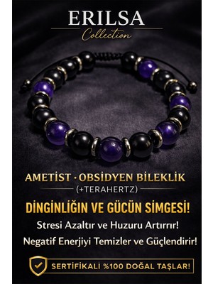 Erilsa Sertifikalı Obsidyen - Ametist Taşı Bileklik - 8 mm Doğal Taş Terahertz Aparatlı Unisex El Yapımı
