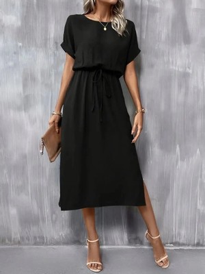 Stores36 Kadın Kısa Kollu Yakası Açık Belden Bağlamalı Yırtmaçlı Viskon Elbise