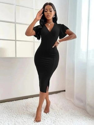 Stores36 Kadın Kısa Kollu Derin Dekolte V Yakalı Yırtmaçlı Midi Janjan Krep Elbise