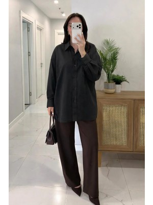 Lijuri Siyah Oversize Keten Gömlek 3510