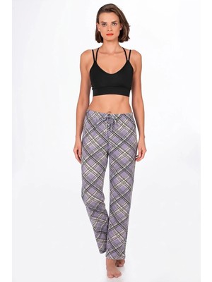Kompedan Kadın Süet Mor Kareli Desen Pijama Tek Alt