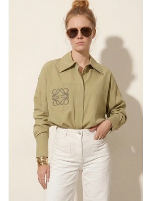 Cep Işlemeli Oversize Kadın Gömlek