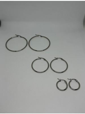 Stainless Steel Çelik Silver 3 Çift Halka Küpe Seti ( 4,5 Cm- 3 Cm- 1,5 Cm)