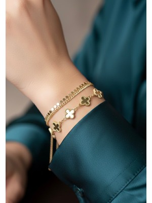 CM 14K Altın Renginde Vip Yonca ve Pul Model 2'li Bileklik Künye Seti