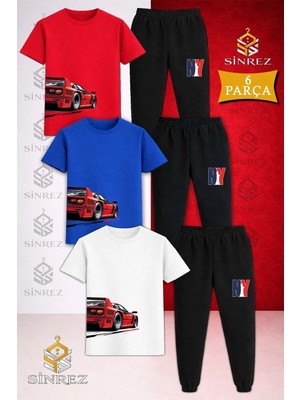 Çocuk Araba Kırmızı Sag Yan Baskılı 3lü Tişort Eşofman Takımı
