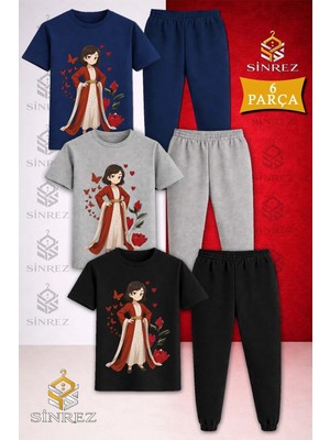 Çocuk Jıyn Yoresel Anıme Baskılı 3lü Tişort Eşofman Takımı