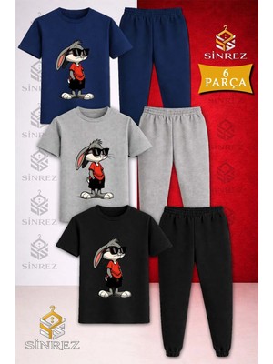 Çocuk Gozluklu Tavsan Bunny Baskılı 3lü Tişort Eşofman Takımı