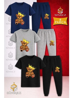 Çocuk Ayıcık Yamalı Taclı Baskılı 3lü Tişort Eşofman Takımı