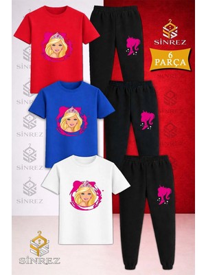 Çocuk Prenses Kafa Pembe Tuval Baskılı 3lü Tişort Eşofman Takımı