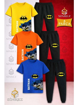 Çocuk Btmen Yan Yumruk Yazı Buyuk Baskılı 3lü Tişort Eşofman Takımı