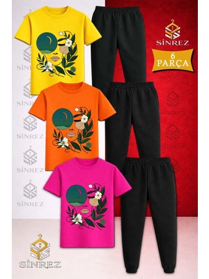 Çocuk Cıcekten Yesıl Kız Yuzu Baskılı 3lü Tişort Eşofman Takımı