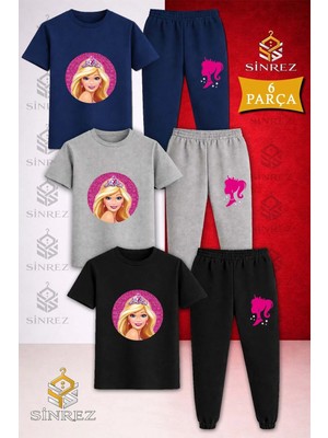 Çocuk Prenses Brb Taclı Daıre Icnde Baskılı 3lü Tişort Eşofman Takımı