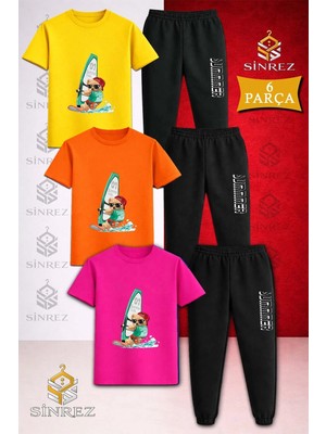 Çocuk Ayıcık Surf Denız Baskılı 3lü Tişort Eşofman Takımı