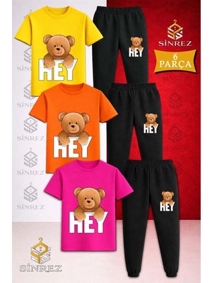 Çocuk Ayıcık Hey Yazısı Ustunde Baskılı 3lü Tişort Eşofman Takımı