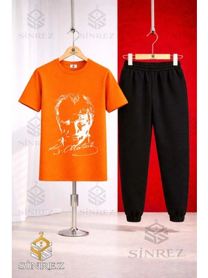 Çocuk Ataturk Imzalı Beyaz Baskılı Tişort Eşofman Takımı