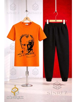 Çocuk Ataturk Imzalı Sıyah Baskılı Tişort Eşofman Takımı