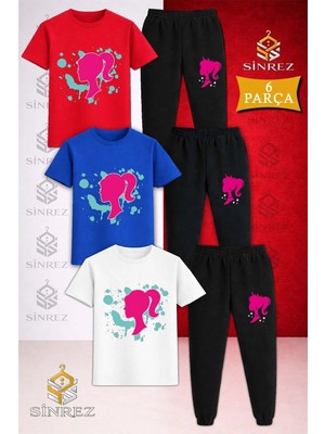 Çocuk Prenses Turkuaz Boyalı Baskılı 3lü Tişort Eşofman Takımı