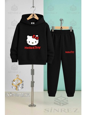 Çocuk Unısex Hello Kıtty Kırmızı Yazılı Kapşonlu Eşofman Takımı