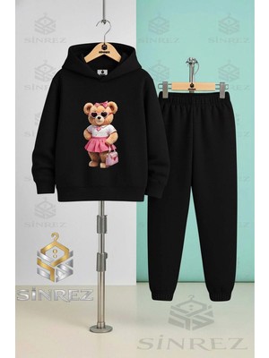 Çocuk Unısex Ayıcık Pembe Etek Canta Kapşonlu Eşofman Takımı