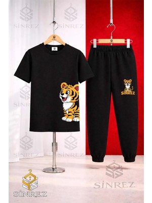 Çocuk Kaplan Sol Yan Baskılı Tişort Eşofman Takımı